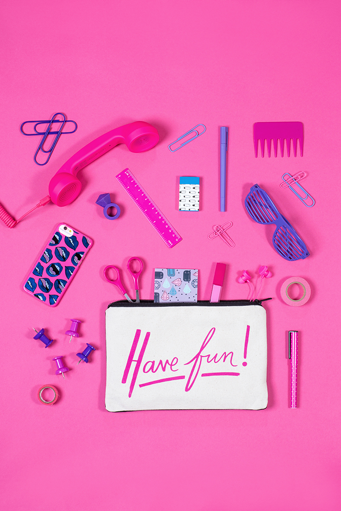 Reversible Work Hard/Have Fun pouch by Alphabet Bags. Colourful product photography by Marianne Taylor.